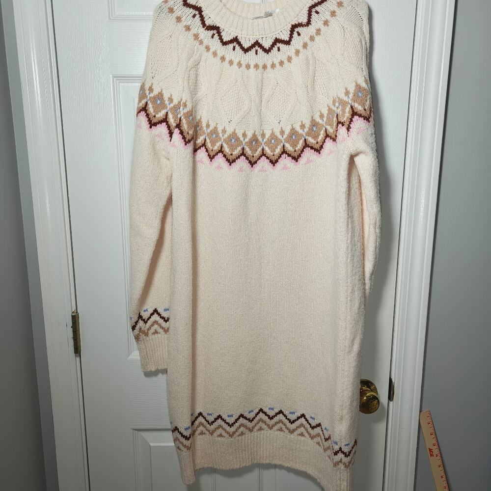 Lucky Brand Cream Fair Isle Knit Sweater Dress Size M Cozy Winter NWOT